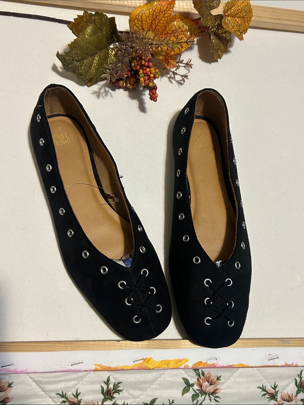 Black Lace-Up Eyelet Ballet Flats - Women's Slip-On Shoes